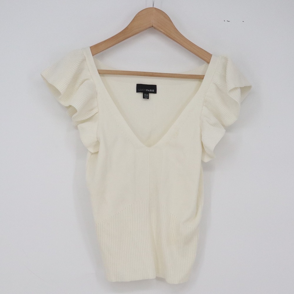 Lucy Paris Knit Top Womens M Flutter Sleeve Cream V-Neck Ribbed Good